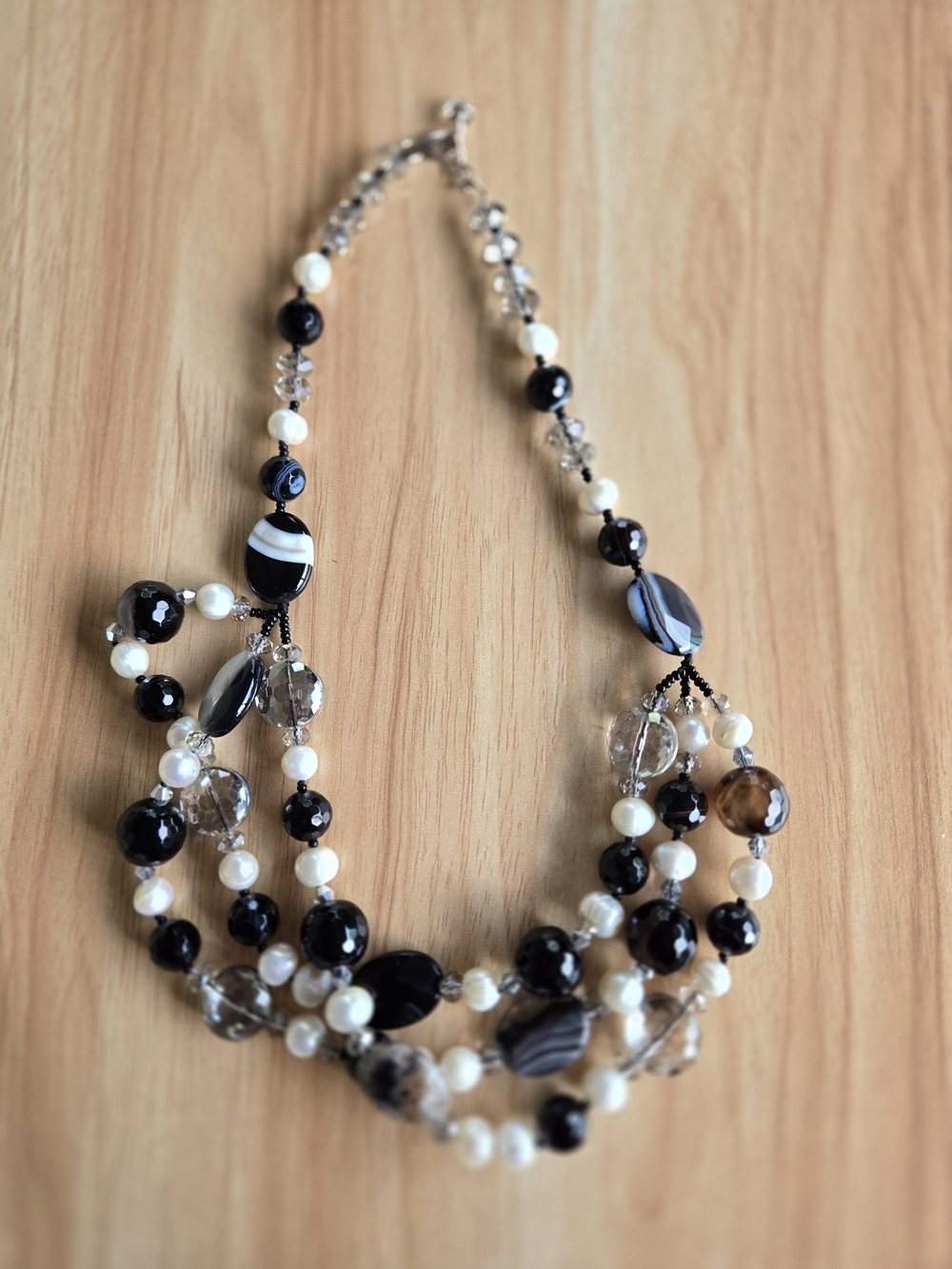Agate Pearl Crystal Multi-Strand Black White Banded Natural Stone Bead Necklace